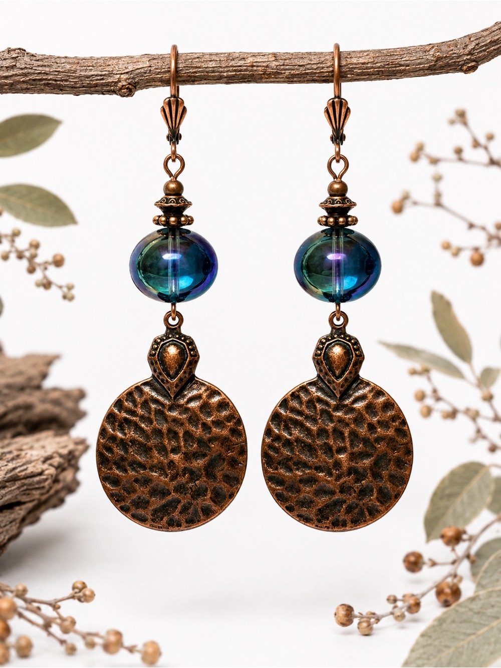 Iridescent AB Glass Hammered Copper Statement Earrings